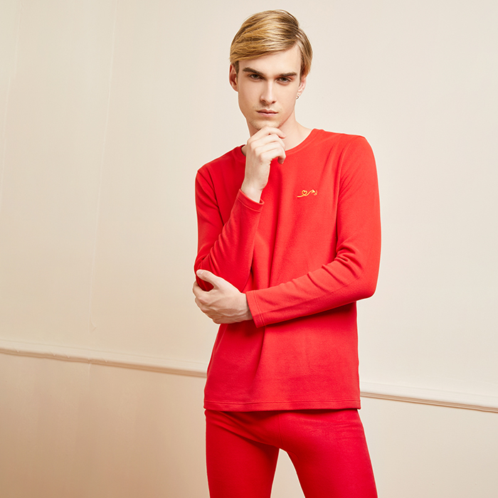 420116黑炭阳光绒鸿运情侣男士圆领套装打底衫